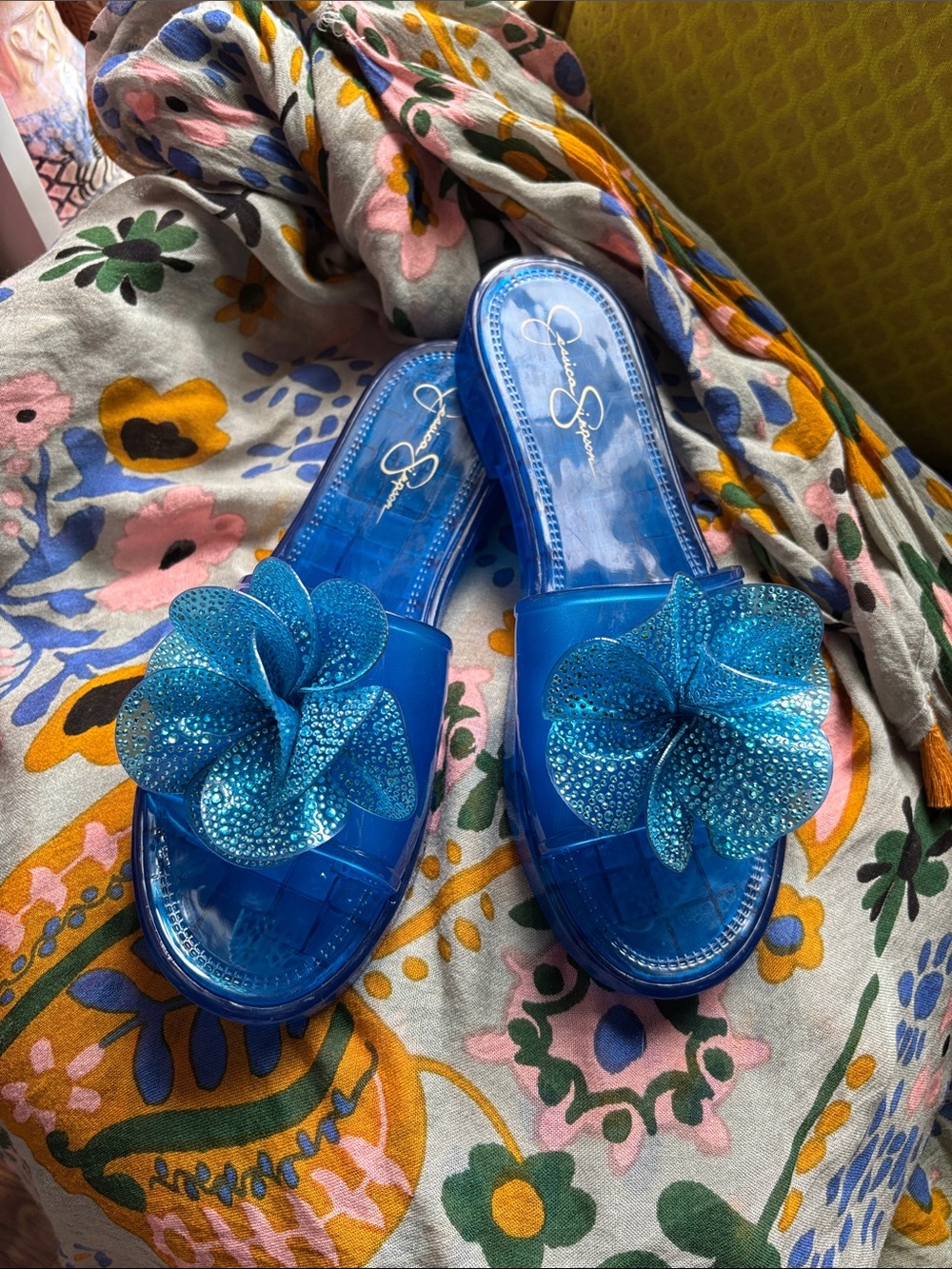 Jessica Simpson Blue Jelly Slide Mules with Sparkle Flower